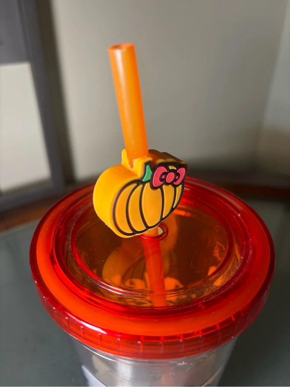 Hello Kitty Orange Pumpkin Straw Tumbler with Red Bow
